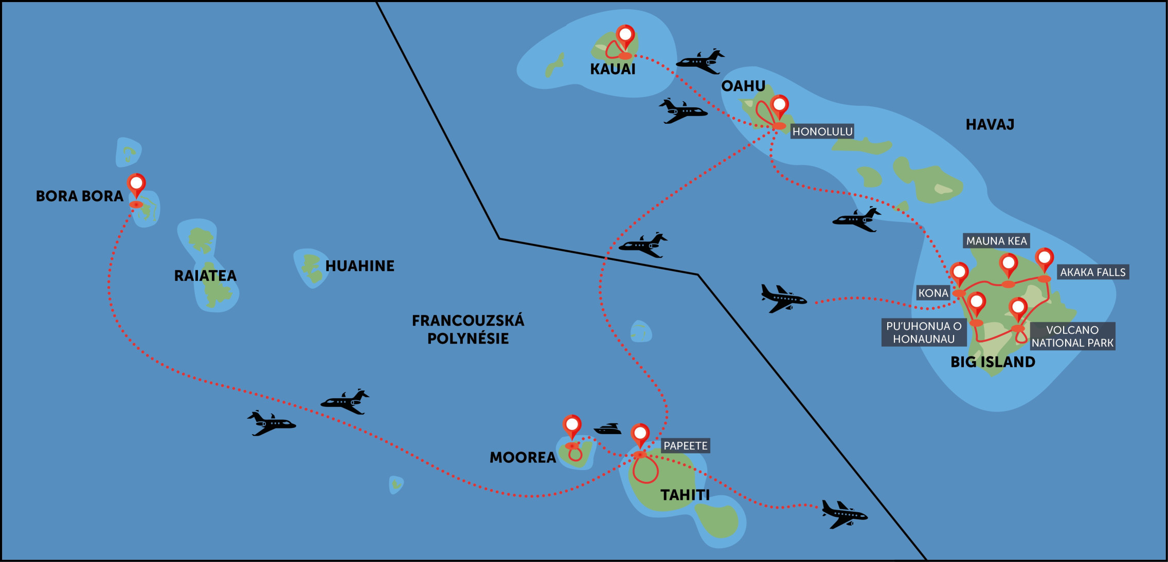 Mapa trasy zájezdu Havaj, Francouzská Polynésie (Tahiti) komfortněji podle CK SEN