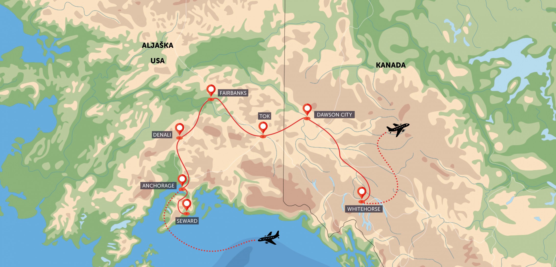 Mapa trasy zájezdu Aljaška, Yukon - volání divočiny komfortněji podle CK SEN