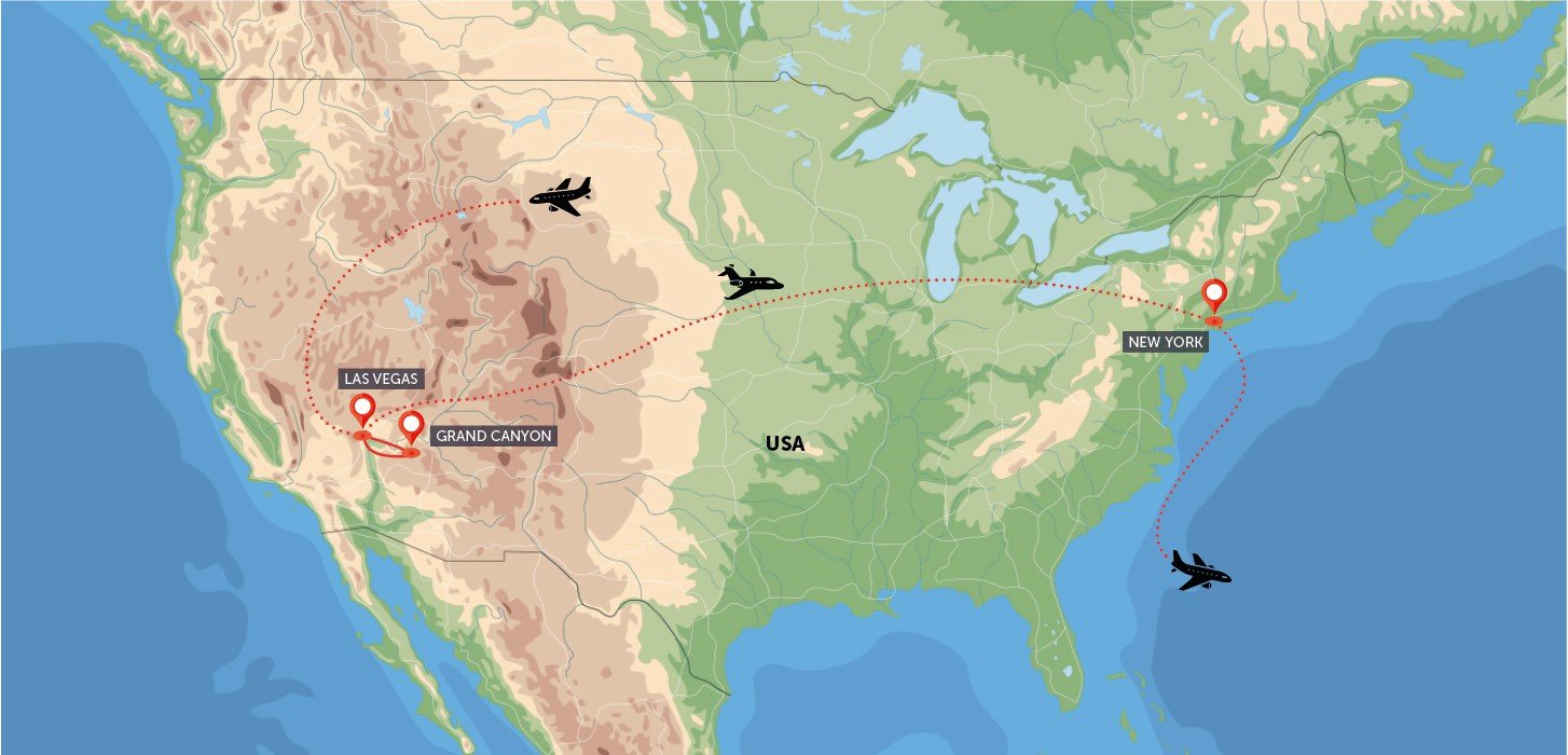 Mapa trasy zájezdu Las Vegas, New York komfortněji podle CK SEN