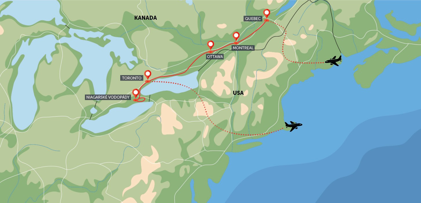 Mapa trasy zájezdu Nejkrásnější města Kanady a Niagary komfortněji podle CK SEN