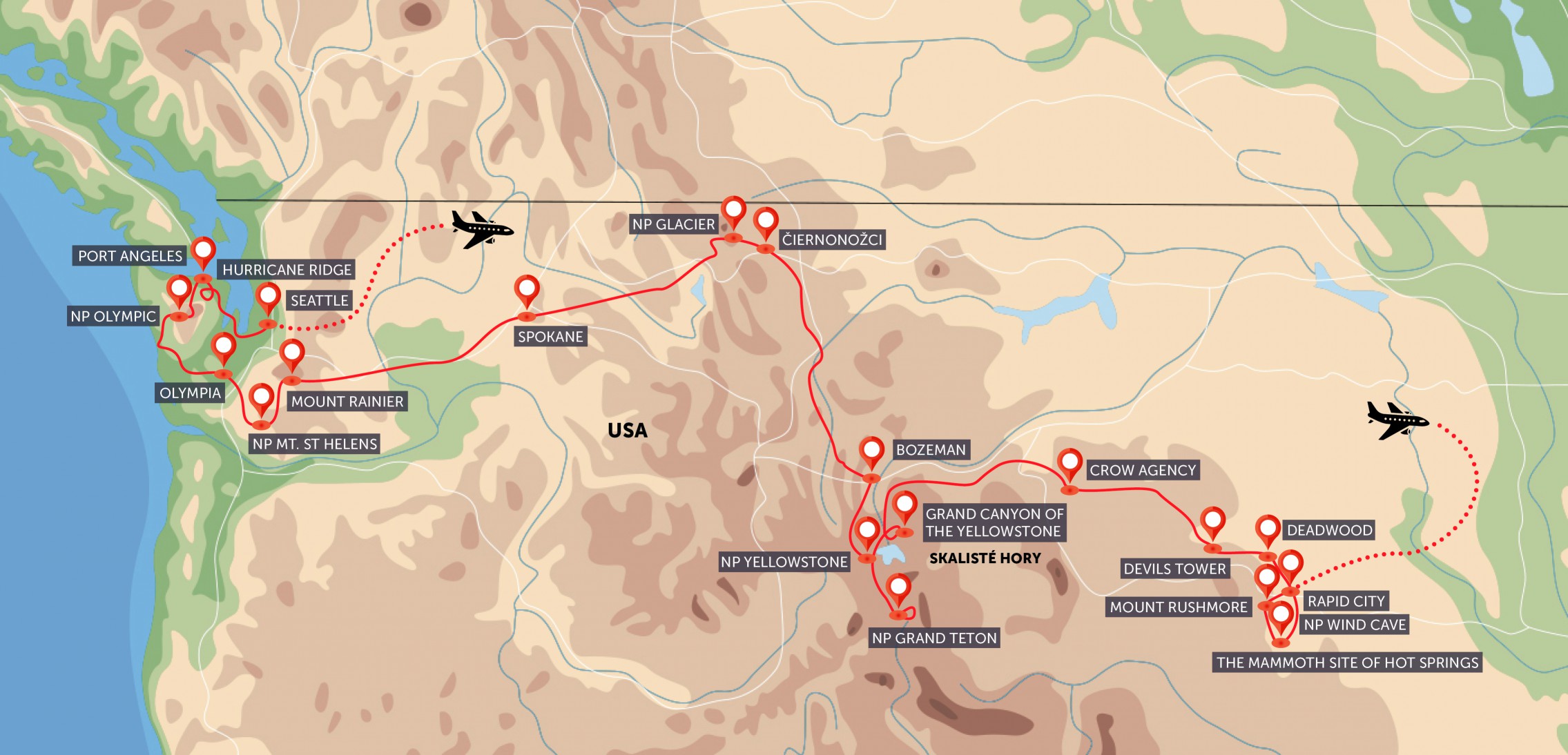 Mapa trasy zájezdu Prérie a sopky severu USA komfortněji podle CK SEN