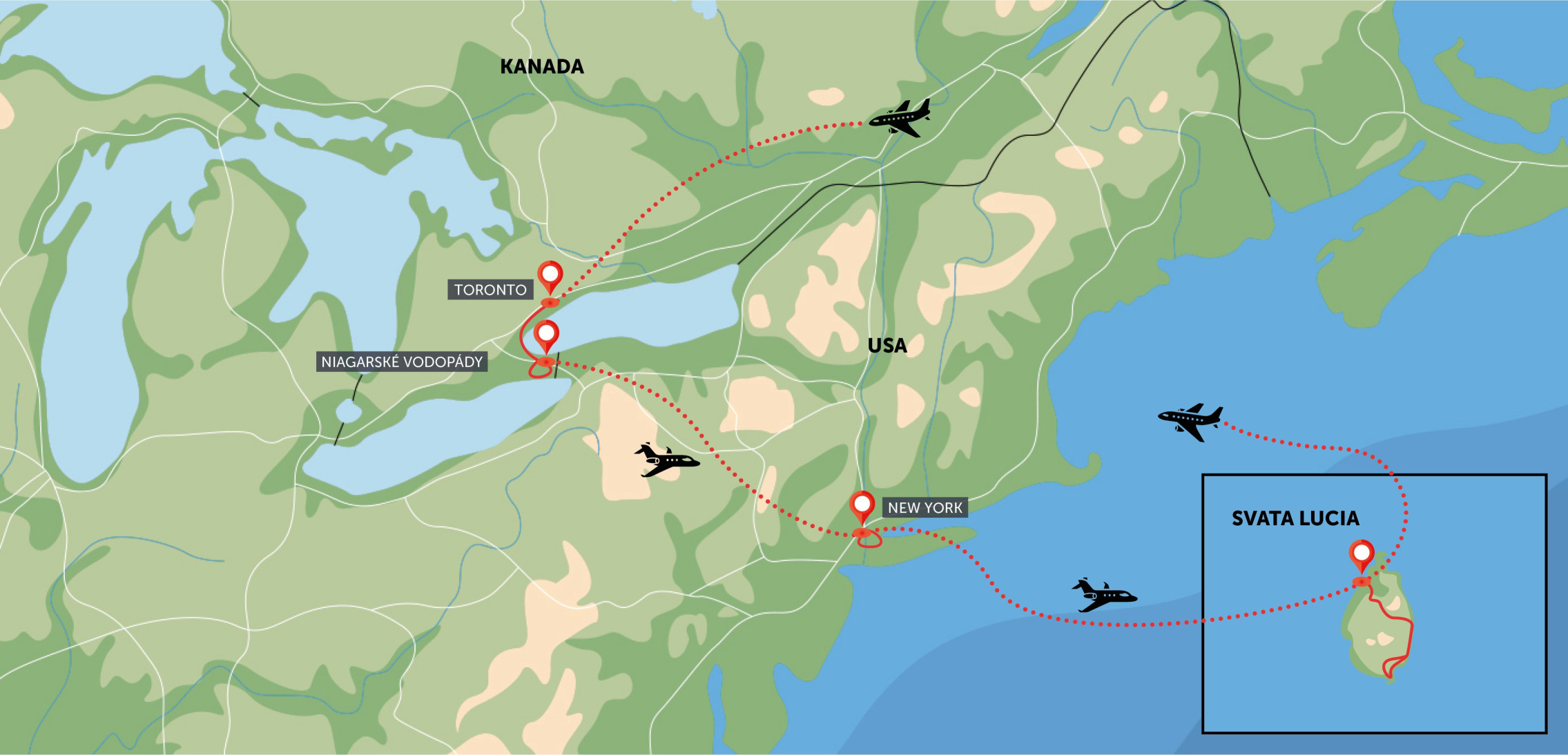 Mapa trasy zájezdu Toronto, Niagara, New York a Svatá Lucie komfortněji podle CK SEN