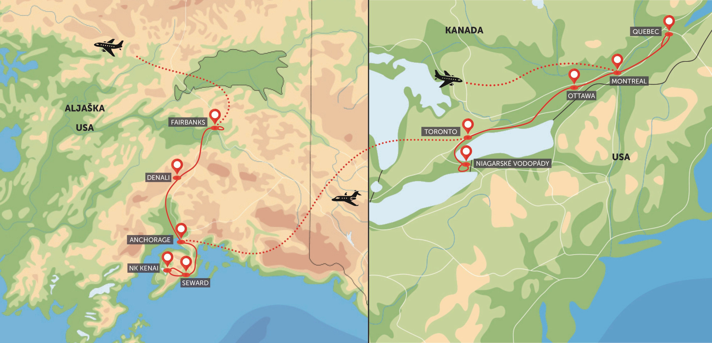 Mapa trasy zájezdu To nejlepší z Kanady a Aljaška komfortněji podle CK SEN
