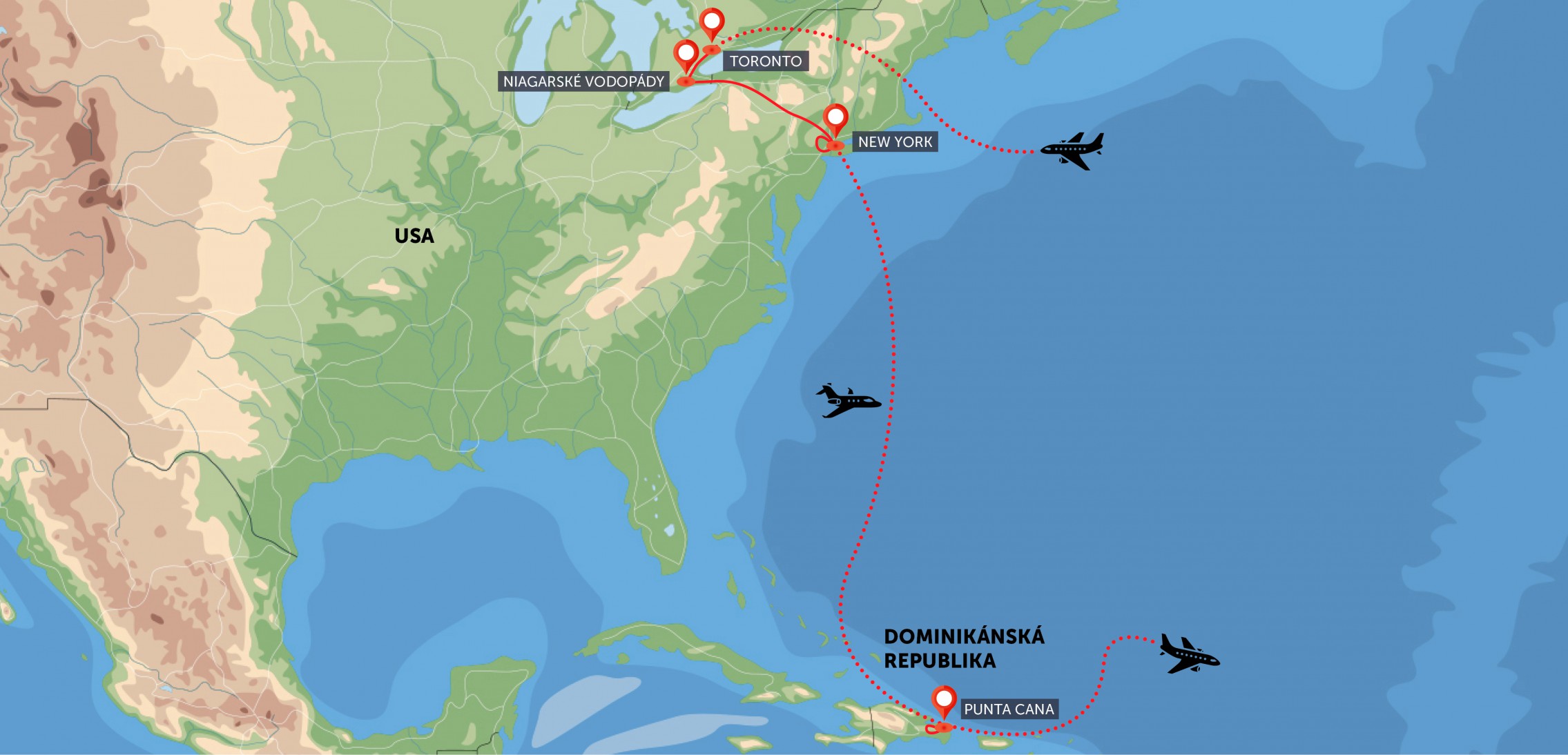 Mapa trasy zájezdu Toronto, Niagara, New York a Dominikánská republika komfortněji podle CK SEN