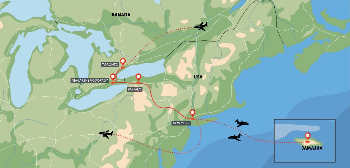 Mapa trasy zájezdu Toronto, Niagara, New York a Jamajka komfortněji podle CK SEN