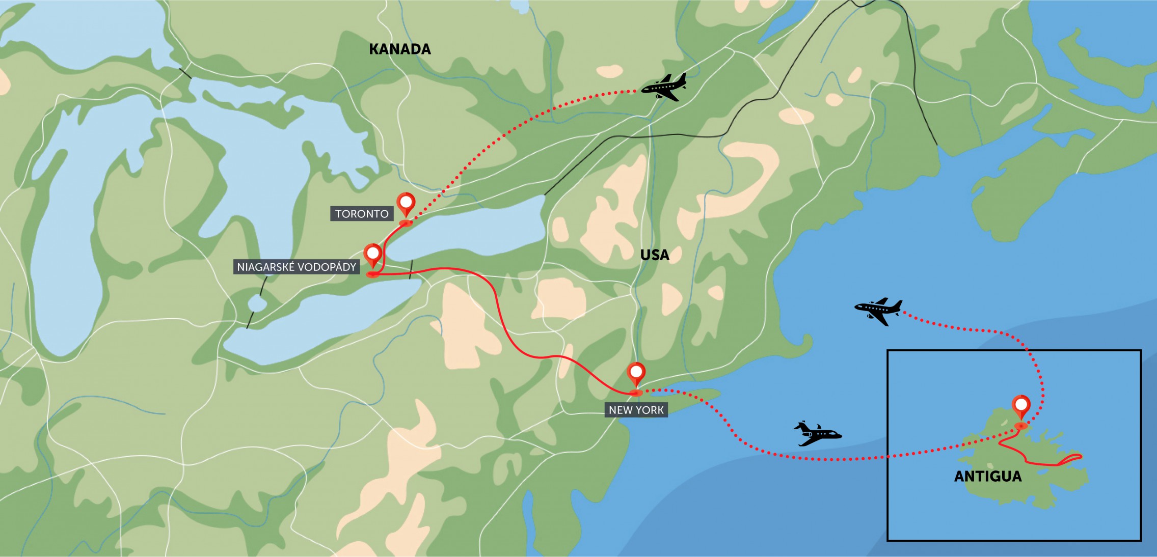 Mapa trasy zájezdu Toronto, Niagara, New York, Antigua komfortněji podle CK SEN