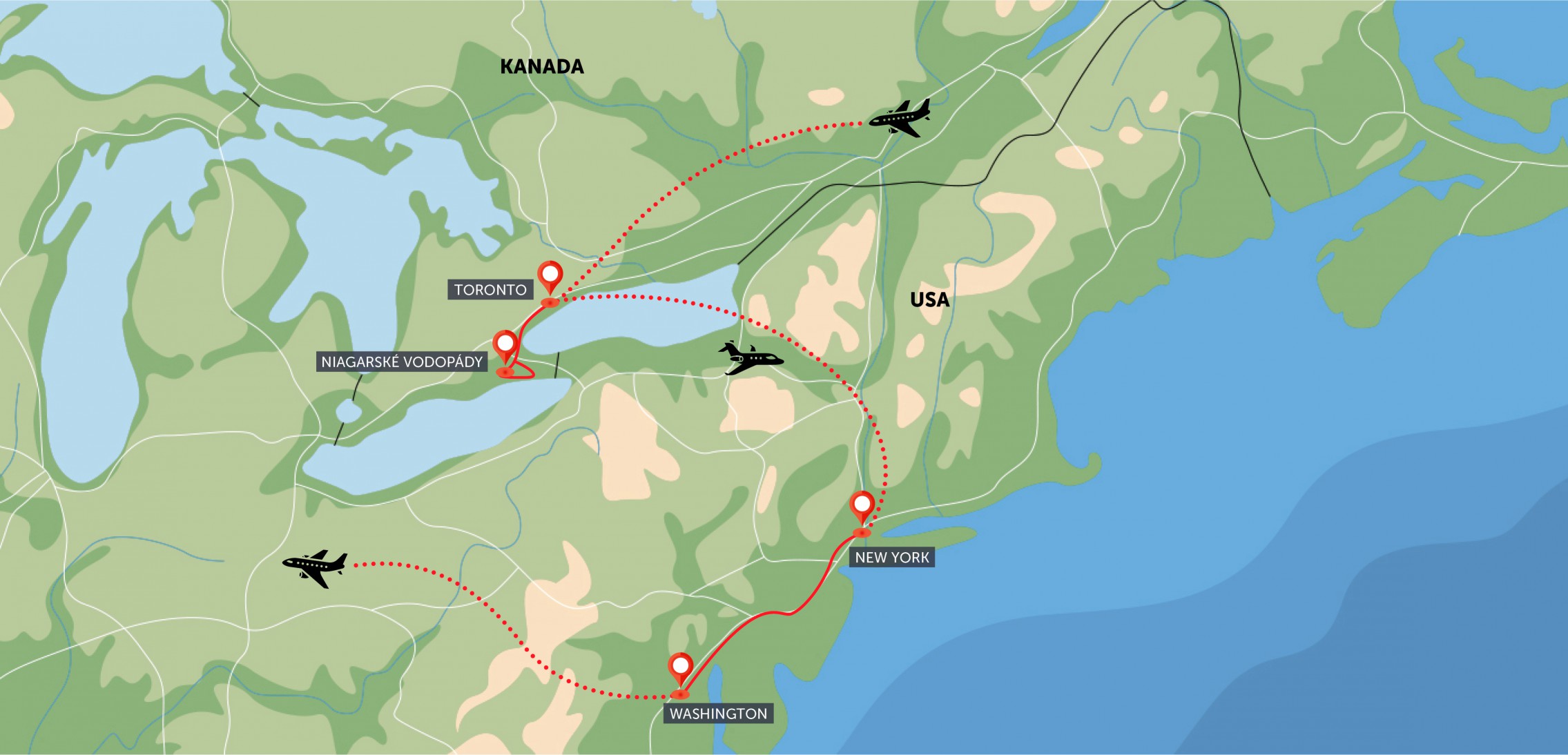 Mapa trasy zájezdu Toronto, Niagara, New York, Washington DC komfortněji podle CK SEN