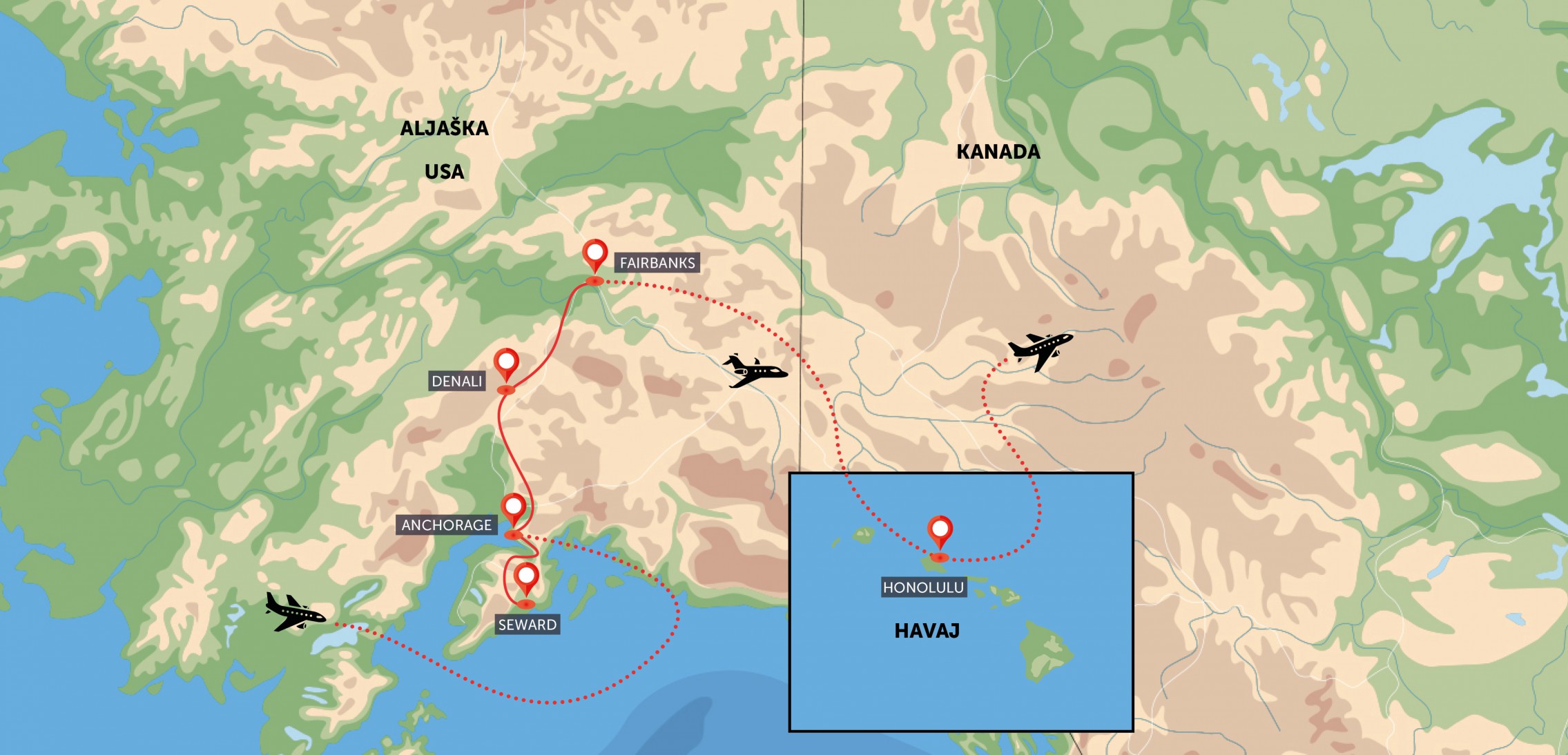 Mapa trasy zájezdu Aljaška a Havaj komfortněji podle CK SEN