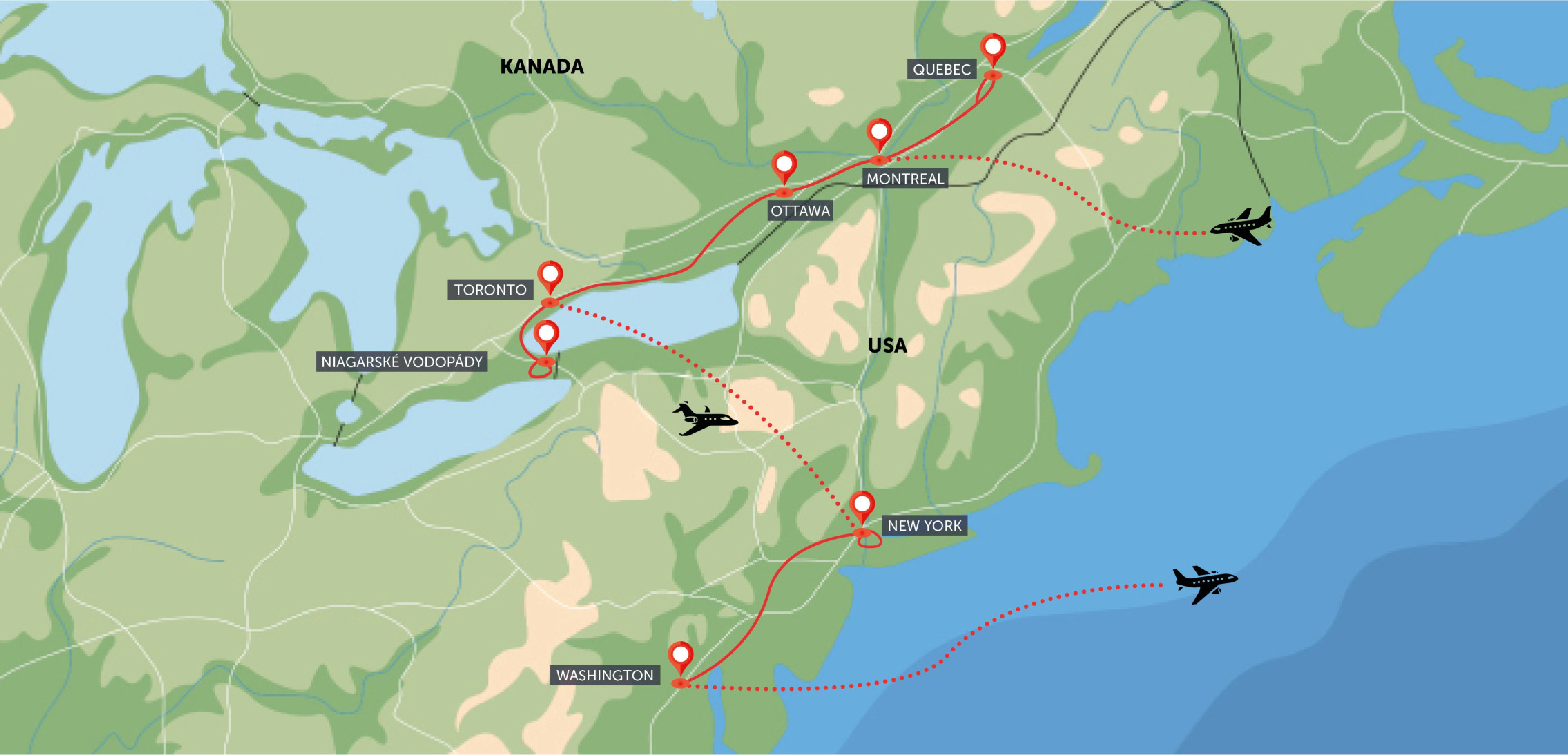 Mapa trasy zájezdu Z Quebecu do Washingtonu komfortněji podle CK SEN