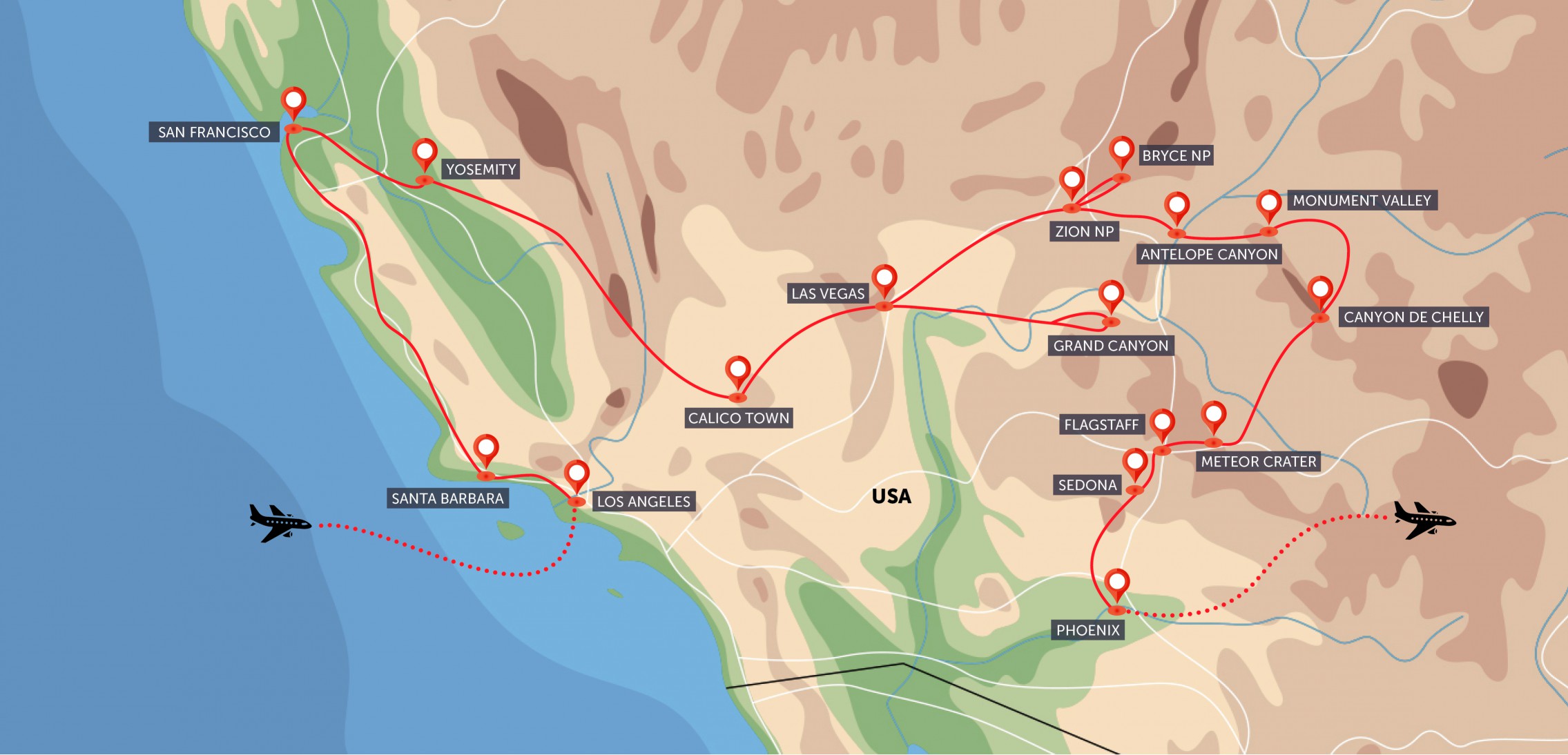Mapa trasy zájezdu USA - západ komfortněji podle CK SEN