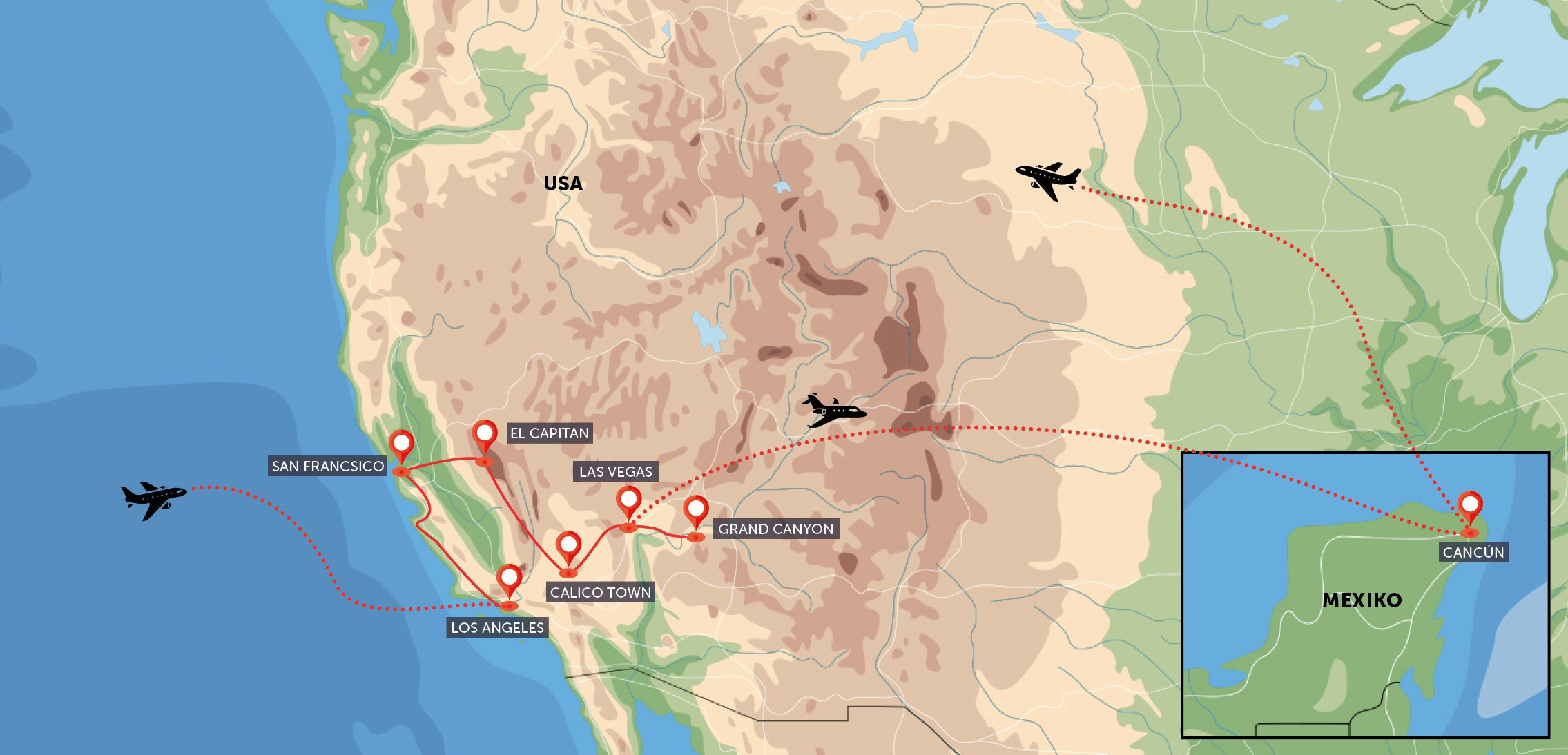 Mapa trasy zájezdu Západní pobřeží USA a relax v Cancunu komfortněji podle CK SEN