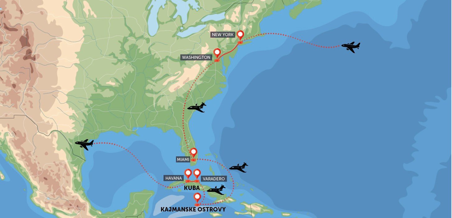 Mapa trasy zájezdu New York, Washington, Miami, Kajmanské ostrovy a Kuba all inclusive komfortněji podle CK SEN