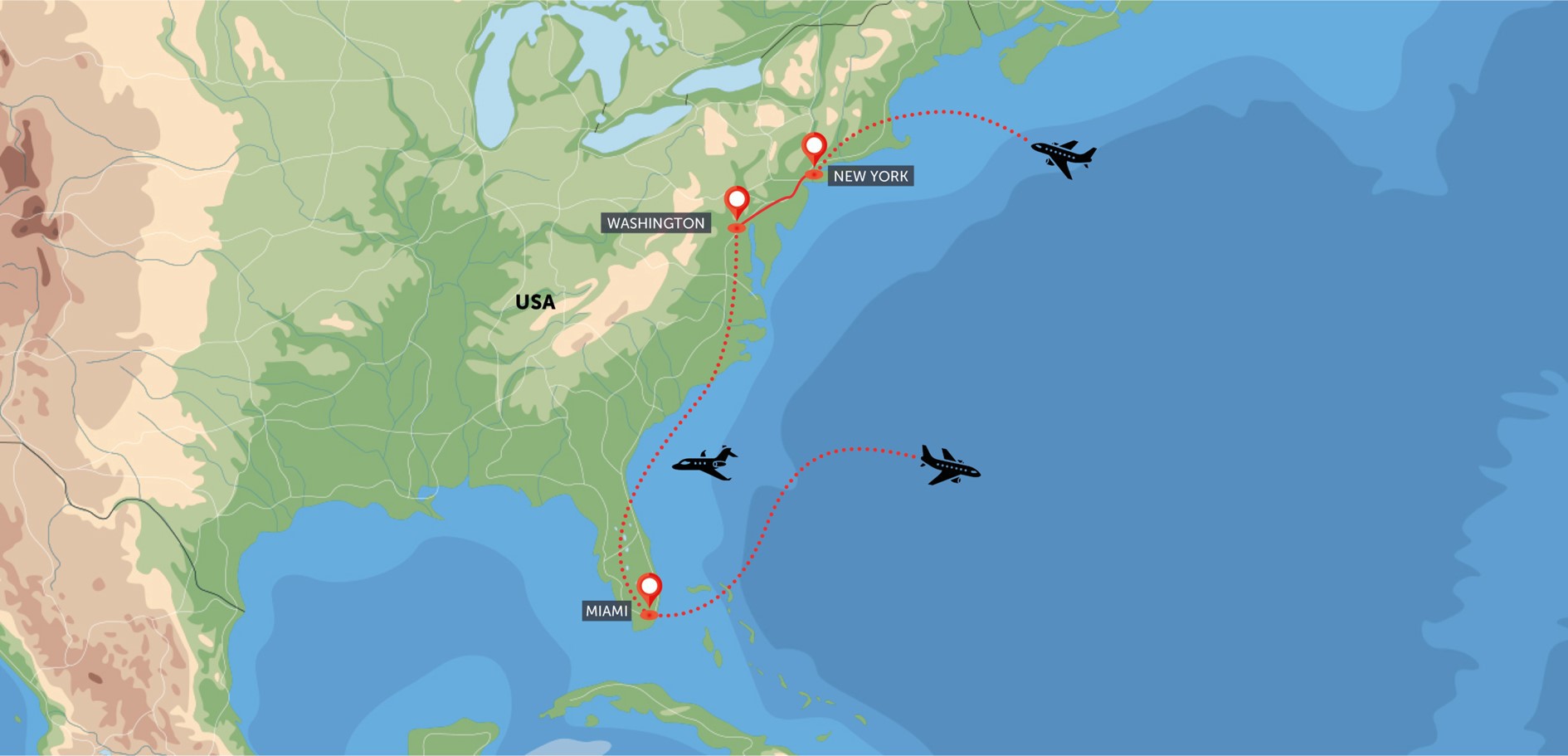 Mapa trasy zájezdu New York, Washington D.C. a Miami komfortněji podle CK SEN