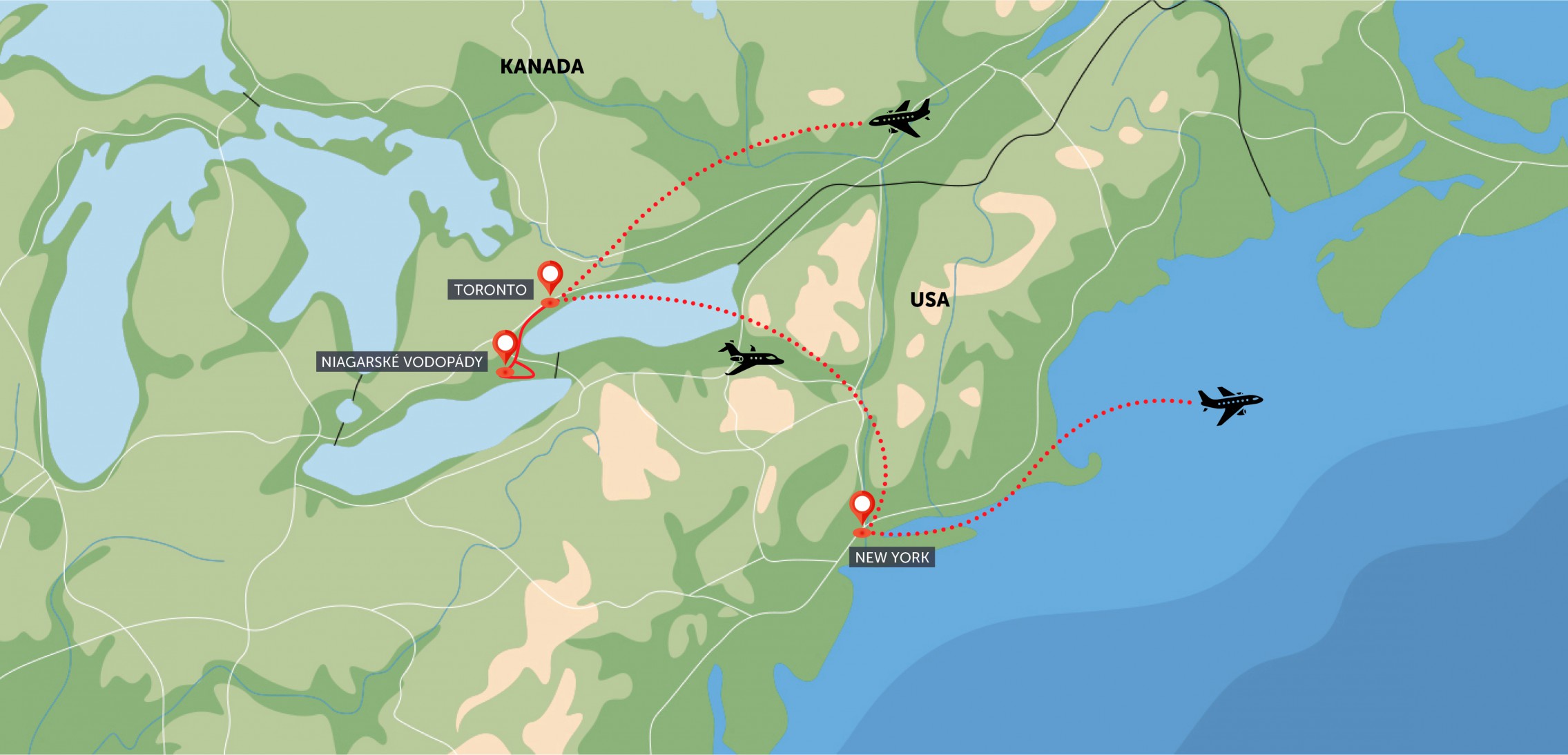 Mapa trasy zájezdu Toronto, Niagara, New York komfortněji podle CK SEN