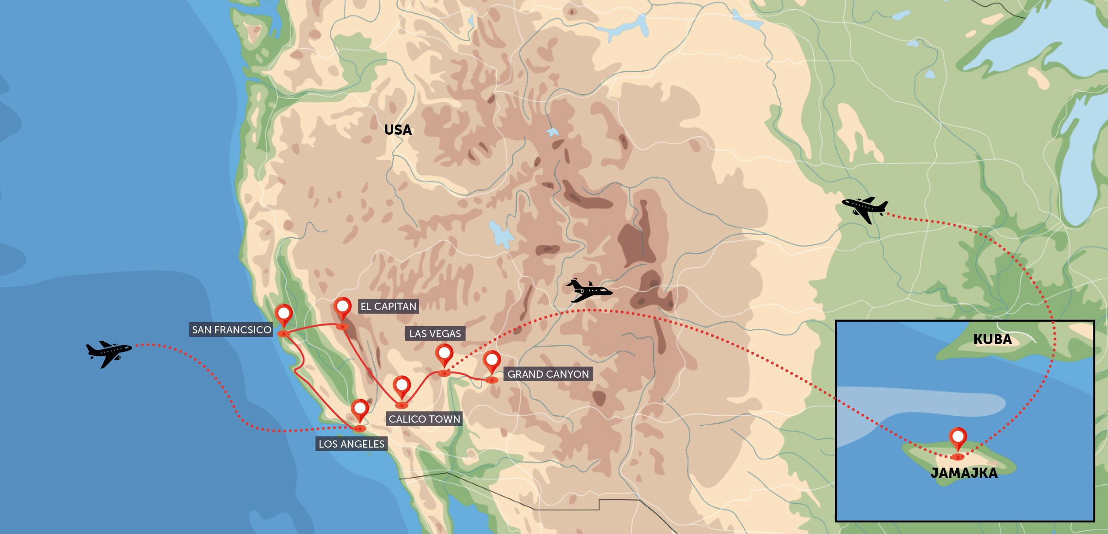 Mapa trasy zájezdu Západní pobřeží USA a relax na Jamajce komfortněji podle CK SEN