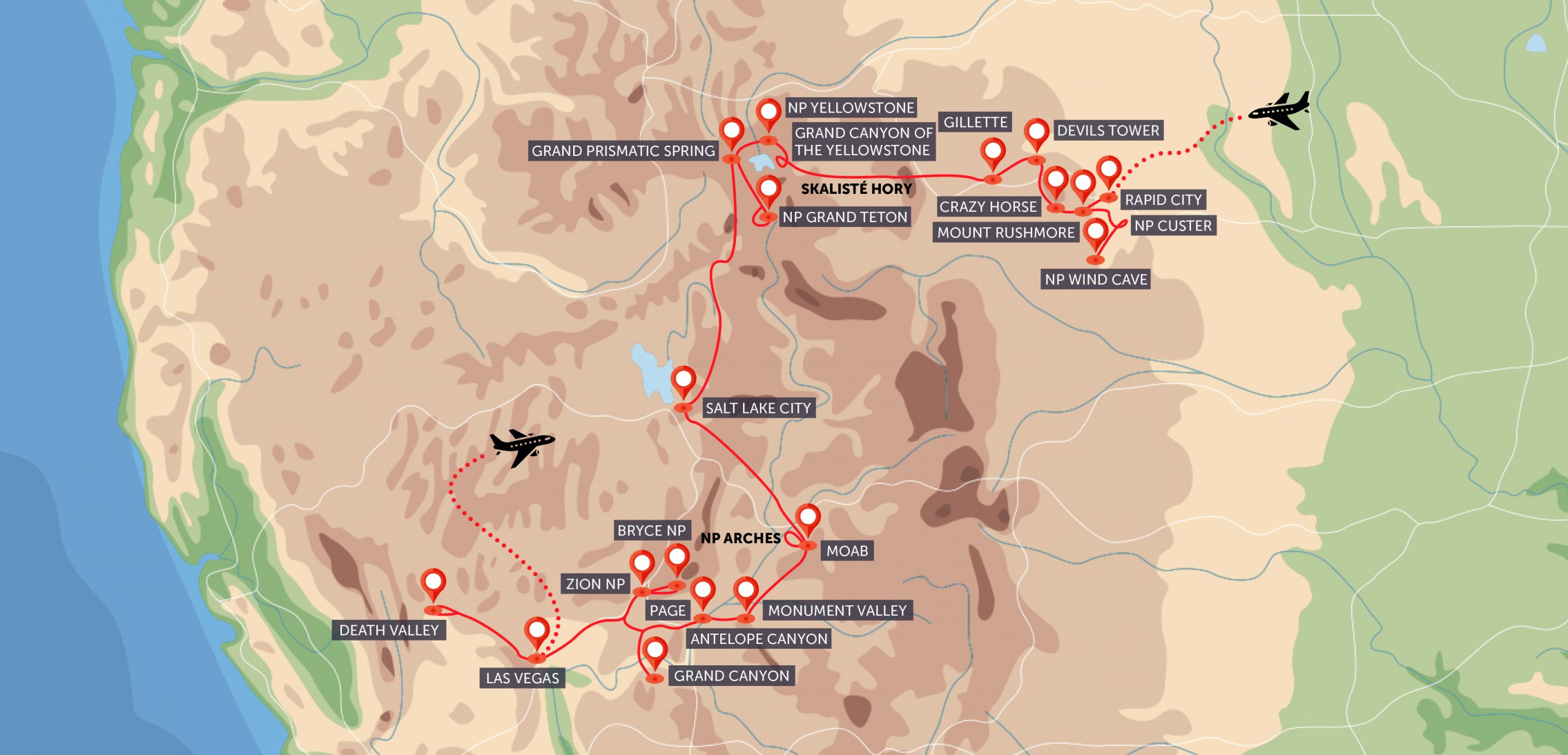 Mapa trasy zájezdu Přírodní klenoty USA komfortněji podle CK SEN