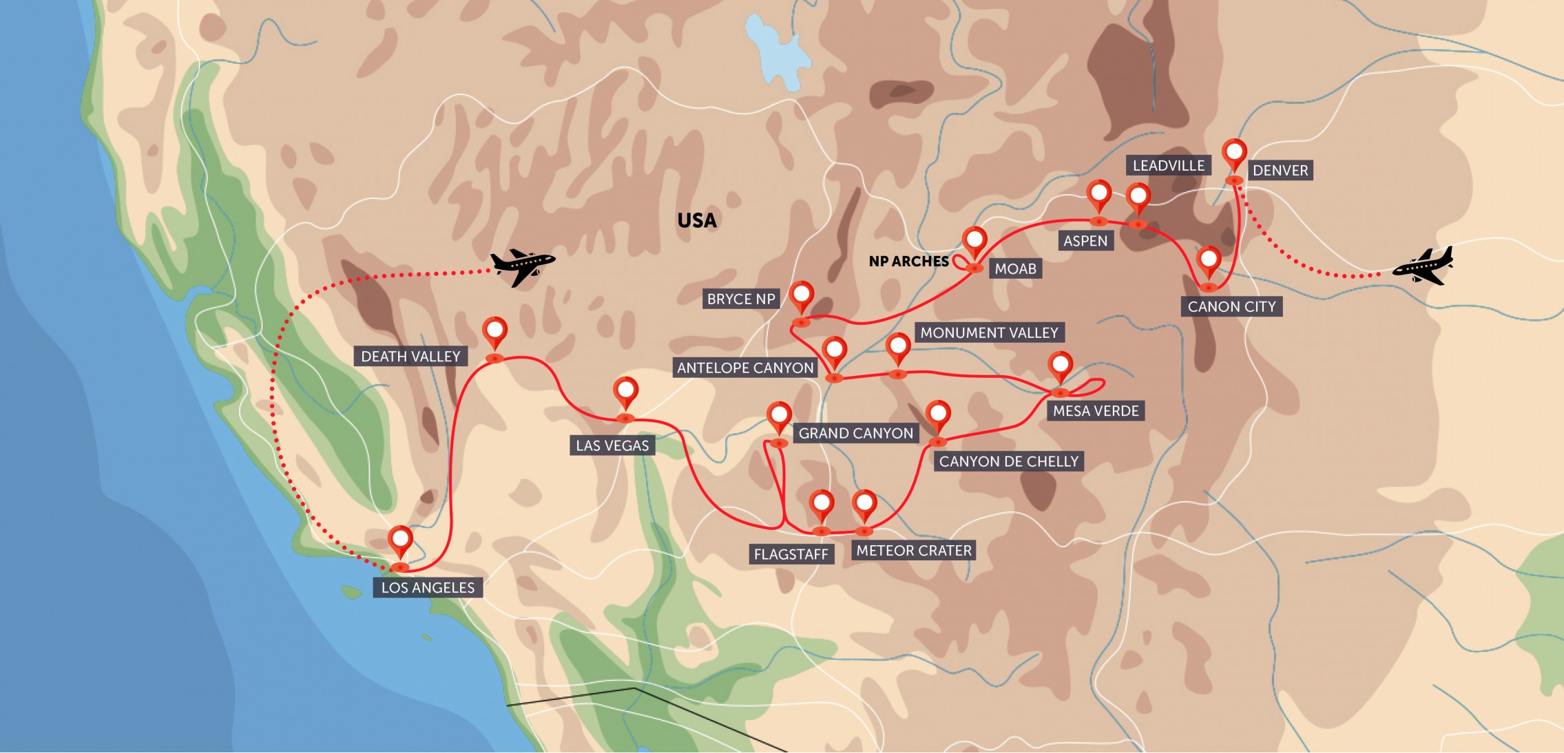 Mapa trasy zájezdu USA - západ aktivně komfortněji podle CK SEN