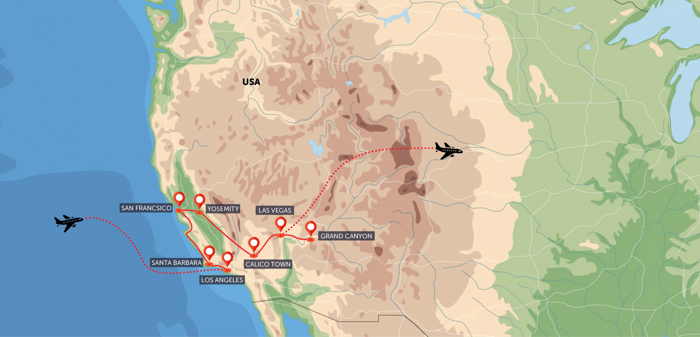 Mapa trasy zájezdu Západní pobřeží USA a Las Vegas komfortněji podle CK SEN