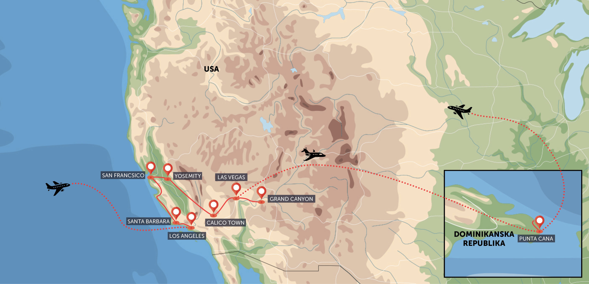 Mapa trasy zájezdu Západní pobřeží USA a relax v Dominikánské republice komfortněji podle CK SEN