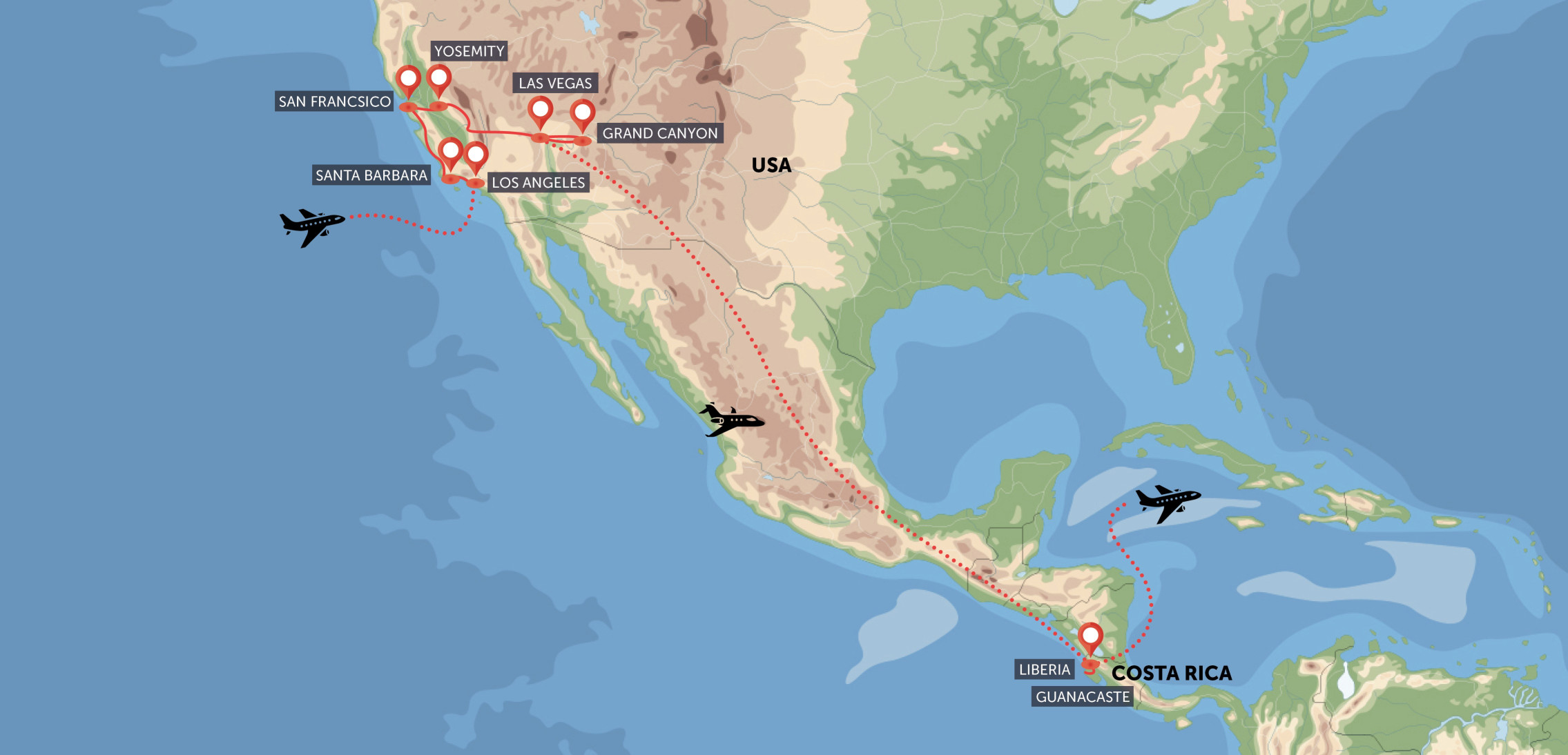 Mapa trasy zájezdu Západní pobřeží USA a relax v Kostarice komfortněji podle CK SEN